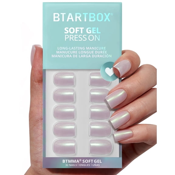 BTArtbox Press On Nails - Screaming Silver, Short Almond, Lamp-Curable, 4-Week Wear, Ready-to-Wear, 32 Count All-in-One Kit