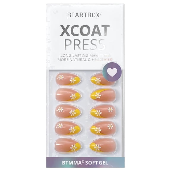 Btartbox Press On Nails - Daisy, Short Almond, Lamp-Curable, 4-Week Wear, Easy-to-Apply, 32 Count All-in-One Kit