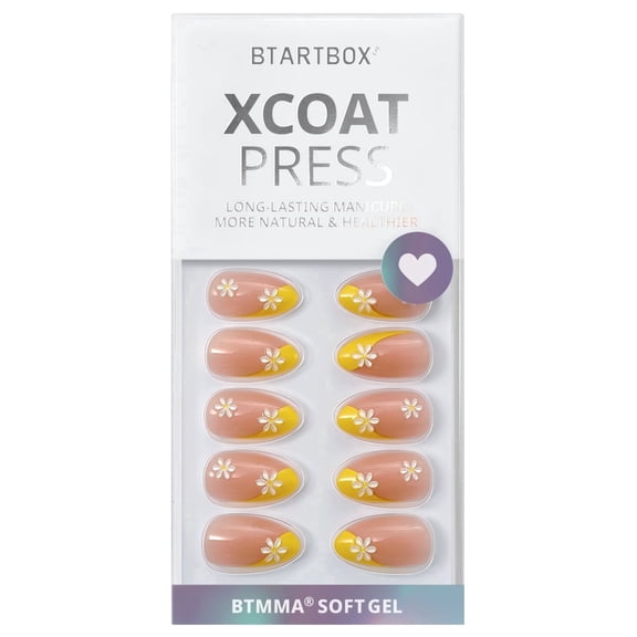 BTArtbox Press On Nails - Daisy, Short Almond, Lamp-Curable, 4-Week Wear, Easy-to-Apply, 32 Count All-in-One Kit