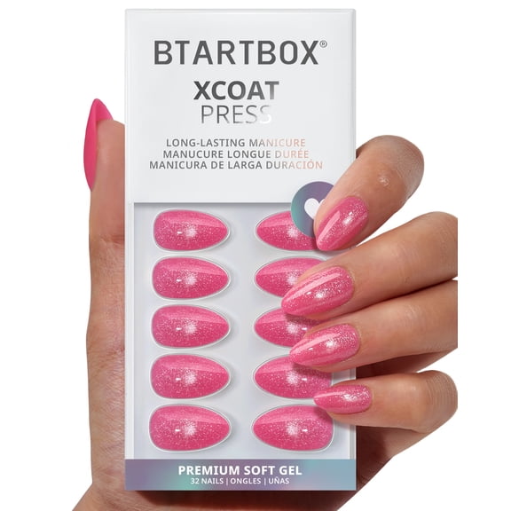 BTArtbox Press On Nails - Watermelon Slush, Short Almond, Lamp-Curable, 4-Week Wear, Easy-to-Apply, 32 Count All-in-One Kit