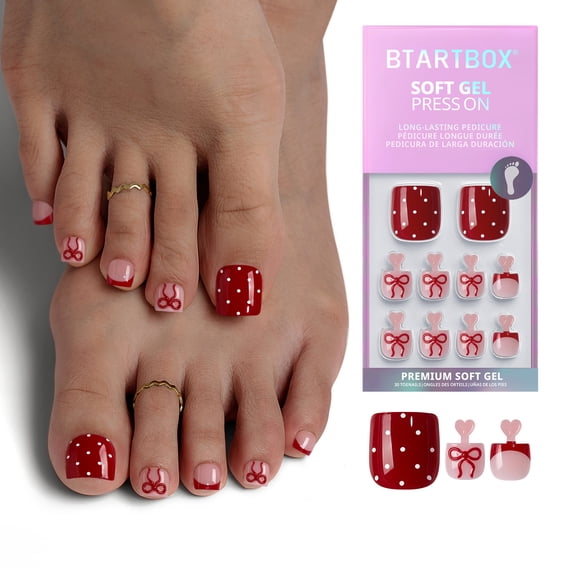 BTArtbox Press On Toenails - Scarlet Getaway Pedi, Square, 2-Week Wear, Easy-to-Apply, 30 Count All-in-One Kit