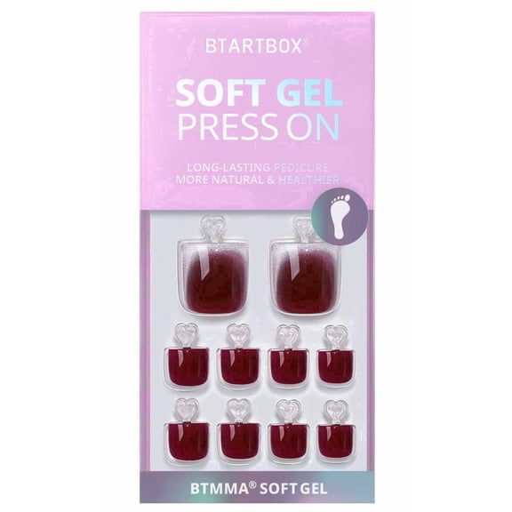 BTArtbox Press On Toenails - Crimson Chaos, Square, 2-Week Wear, Easy-to-Apply, 30 Count All-in-One Kit