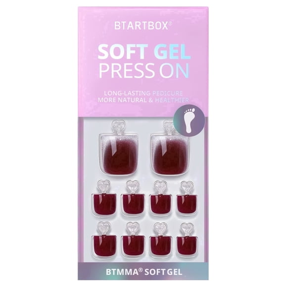 Btartbox Press On Toenails - Crimson Chaos, Square, 2-Week Wear, Easy-to-Apply, 30 Count All-in-One Kit