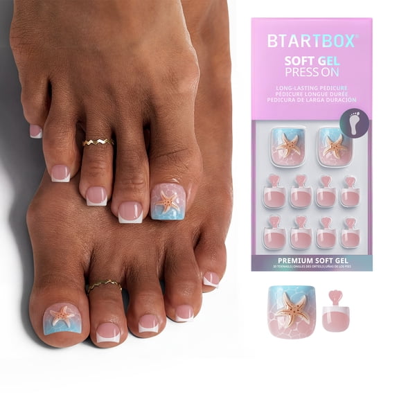 BTArtbox Press On Toenails - Tide Play Pedi, Square, 2-Week Wear, Easy-to-Apply, 30 Count All-in-One Kit