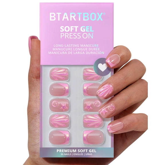 BTArtbox Press On Nails - Shell Glow, Short Square, 2-Week Wear, Easy-to-Apply, 30 Count All-in-One Kit