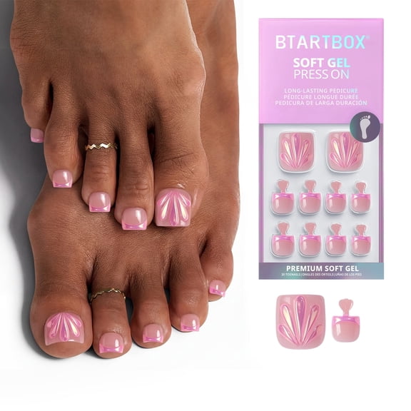 BTArtbox Press On Toenails - Shell Glow Pedi, Square, 2-Week Wear, Easy-to-Apply, 30 Count All-in-One Kit