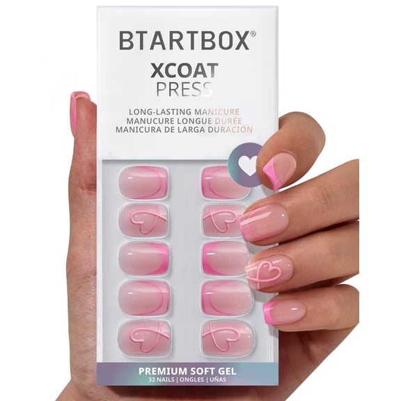 BTArtbox Press On Nails - A Little Romance, Short Square, Lamp-Curable, 4-Week Wear, Easy-to-Apply, 32 Count All-in-One Kit