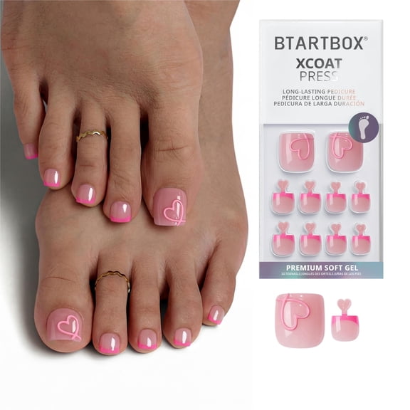 BTArtbox Press On Toenails - Soft Romance, Square, Lamp-Curable, 4-Week Wear, Easy-to-Apply, 30 Count All-in-One Kit