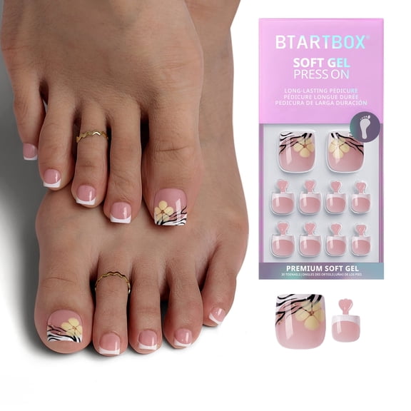 BTArtbox Press On Toenails - Isle Plumeria Pedi, Square, 2-Week Wear, Easy-to-Apply, 30 Count All-in-One Kit