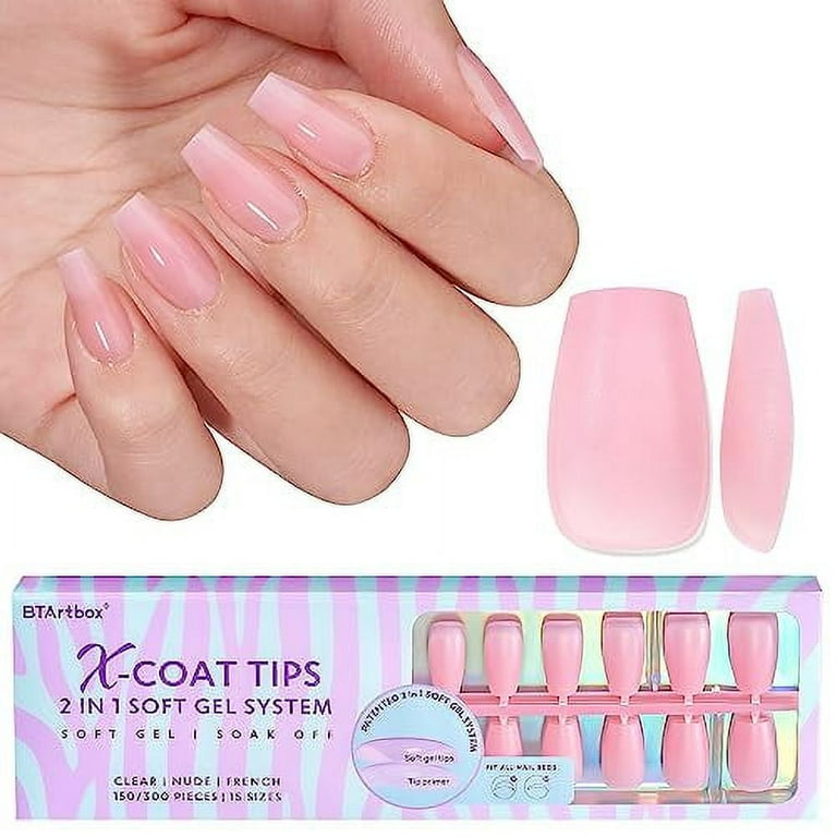 BTArtbox Short Coffin Nails Tips Soft Gel Nails 2 in 1 Neutral X coat tips with Tip Primer Cover 150Pcs Pre Colored Press On Nails Fake Nails