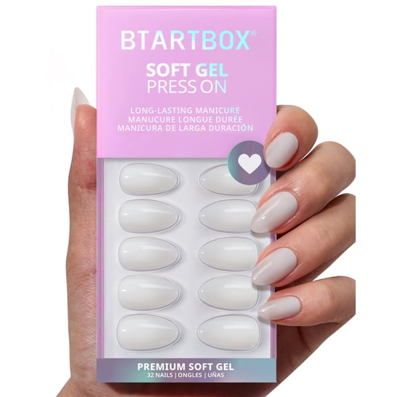 Btartbox Press On Nails - Cream Puff, Short Almond, 2-Week Wear, Easy-to-Apply, 32 Count All-in-One Kit