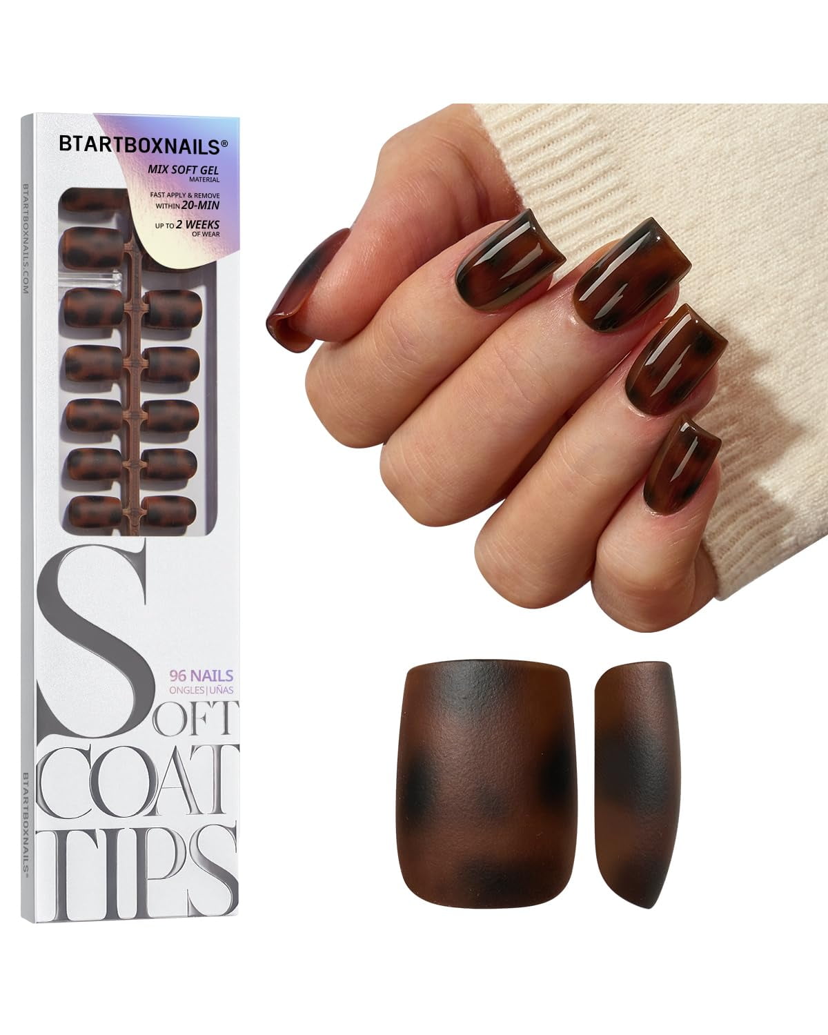 BTArtboxnails SOFTCOATTIPS Press On Nails - Tortoiseshell Almond Press On Nails Short, 96Pcs Salon Quality Soak Off Soft Gel Nail Tips in 16 Sizes