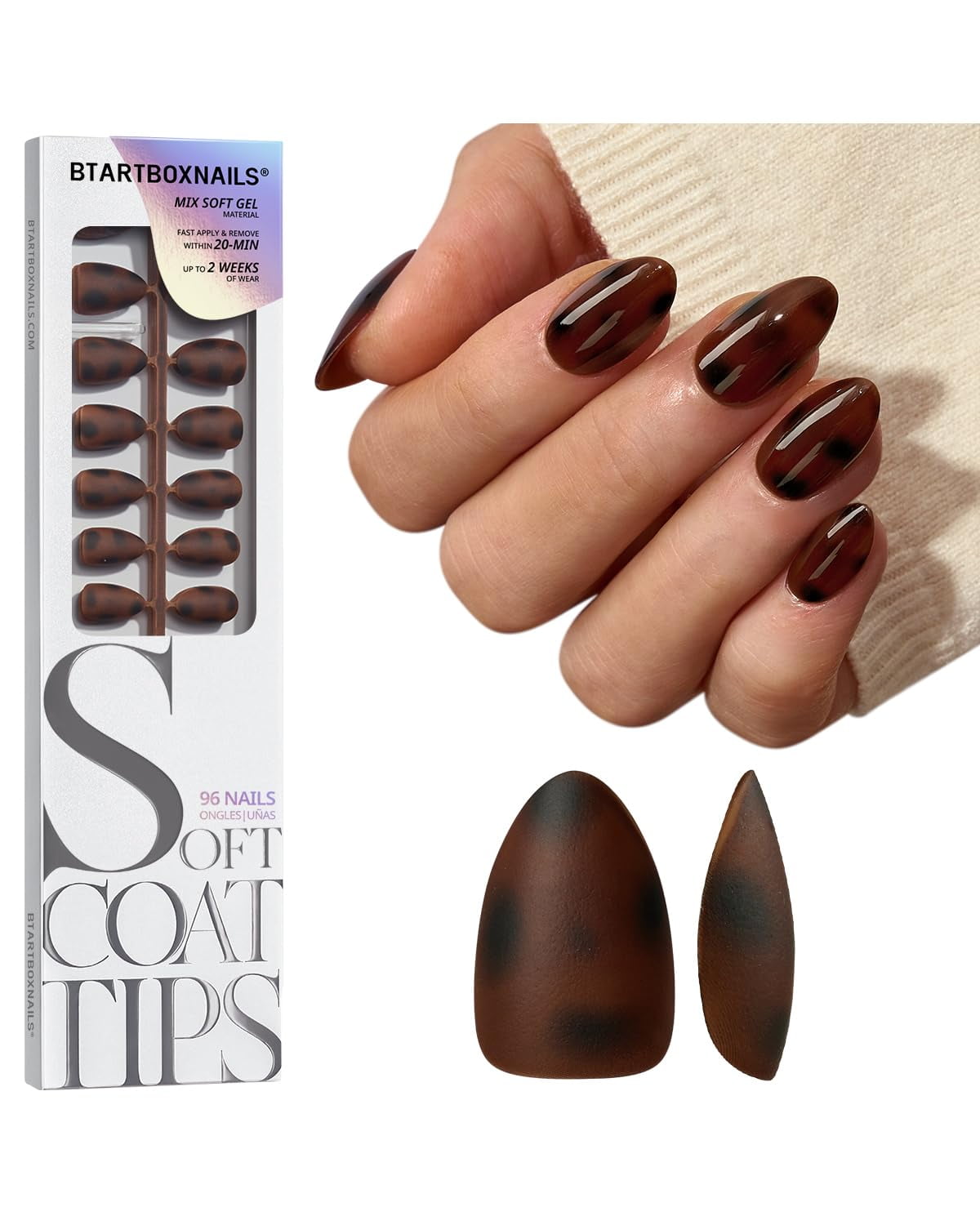 BTArtboxnails SOFTCOATTIPS Press On Nails - Tortoiseshell Almond Press On Nails Short, 96Pcs Salon Quality Soak Off Soft Gel Nail Tips in 16 Sizes