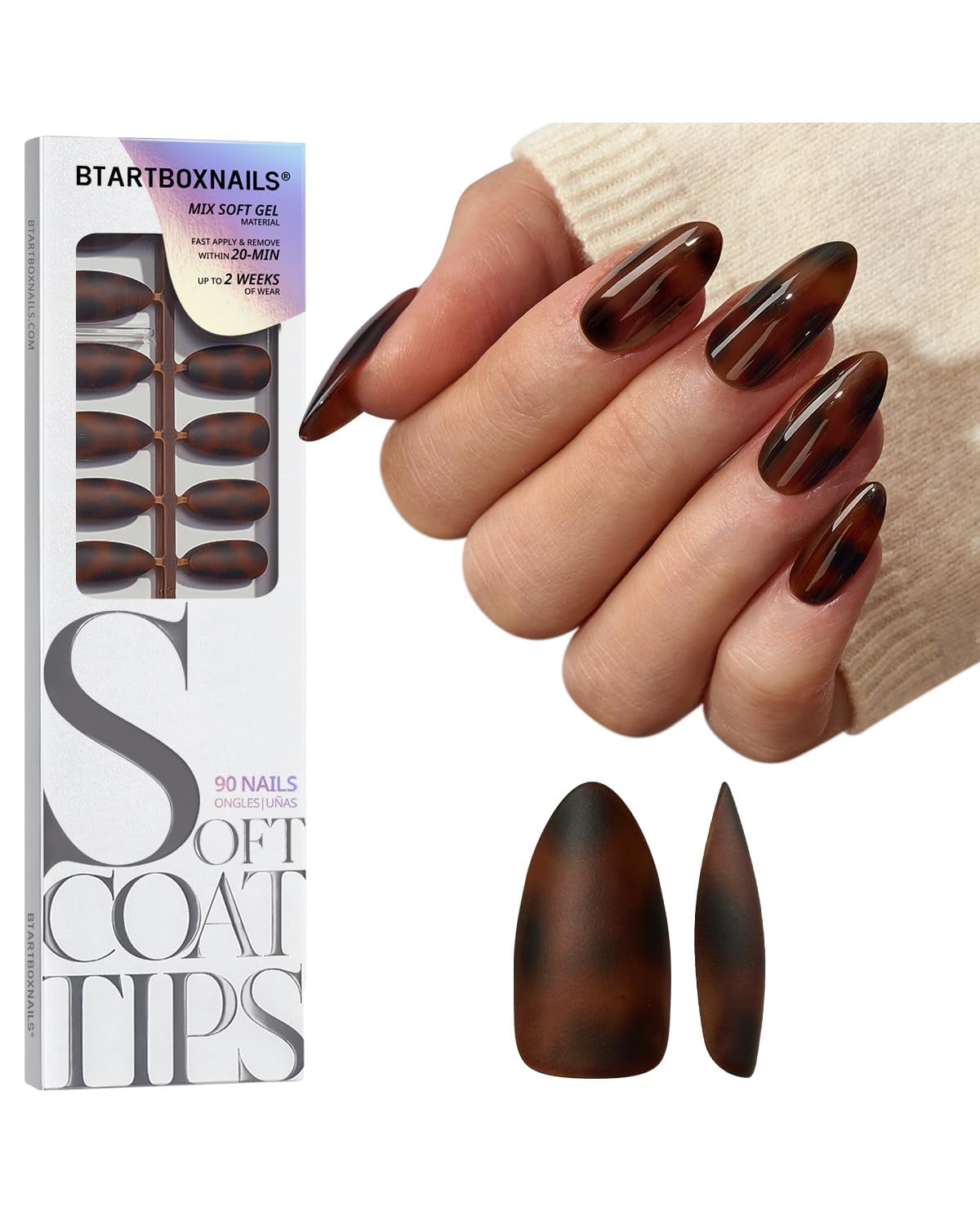 BTArtboxnails SOFTCOATTIPS Press On Nails - Tortoiseshell Almond Press On Nails Short, 96Pcs Salon Quality Soak Off Soft Gel Nail Tips in 16 Sizes