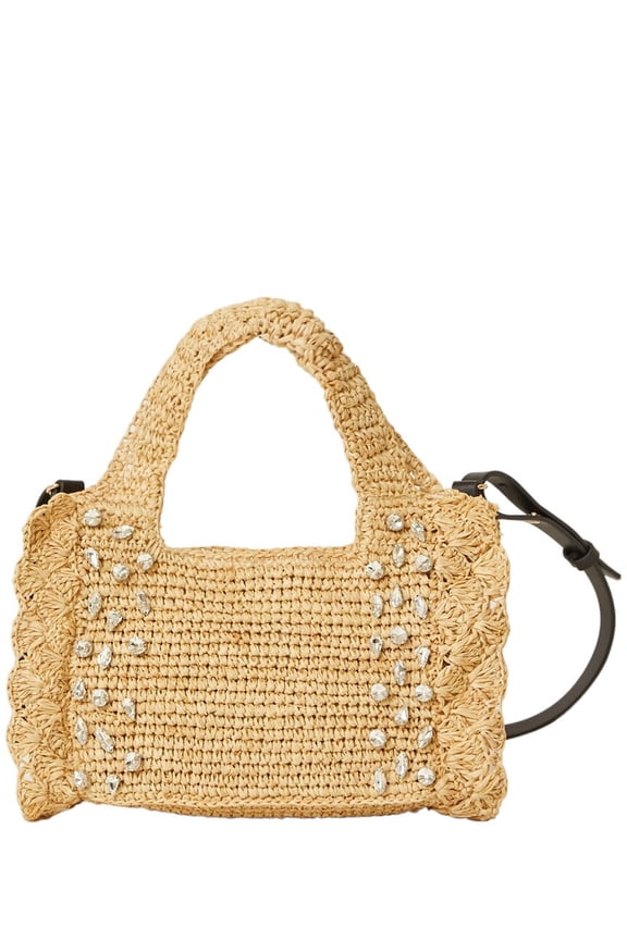 BTB Los Angeles Bardo Crystal Mini Straw Tote, ATS, Brown