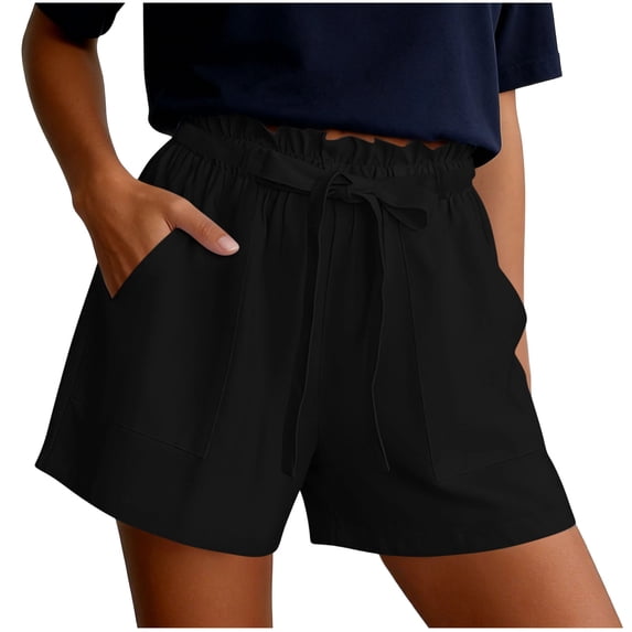BTDECLAR Cotton Linen Shorts for Women Ruffle Drawstring High Waist Wide Leg Pants Casual Cute Summer Beach Vacation Shorts with Pockets