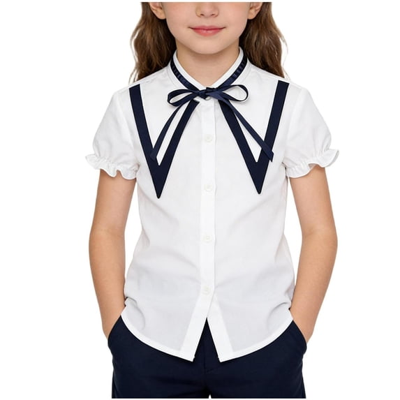 BTDECLAR Girls Button Down Shirt Ruffle Short Sleeve Cute Stand Collar Blouse with Bowknot Lace for School Uniform Daily