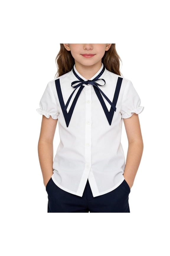 Girls Button Down Shirt Ruffle Short Sleeve Cute Stand Collar Blouse with Bowknot Lace for School Uniform Daily