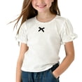 thumbnail image 1 of BTDECLAR Girls Ruffle Short Sleeve Shirts Lace Crewneck Cute Bow Summer Tops Basic Solid Kid Comfy Fashion Outfit, 1 of 4