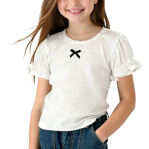 BTDECLAR Girls Ruffle Short Sleeve Shirts Lace Crewneck Cute Bow Summer Tops Basic Solid Kid Comfy Fashion Outfit