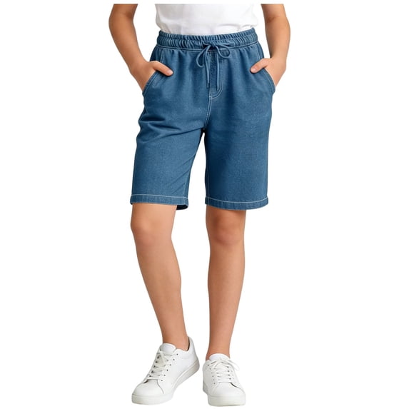 BTDECLAR Girls Stretchy Straight Leg Denim Shorts Trendy Summer Drawstring Elastic Waisted Short Jeans Fashion Casual Jorts 5-15Y