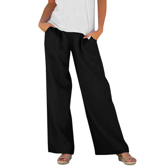 BTDECLAR Linen Pants for Women Elastic Waist Solid Color Casual Wide Leg Pants Loose Fit Lightweight Beach Vacation Trousers with Pockets