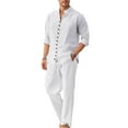 thumbnail image 1 of BTDECLAR Men 2 Piece Cotton Linen Set Outfits Casual Drawstring Long Pants Roll Up Sleeve Button Down Shirts Lightweight Summer Beach Sets, 1 of 8