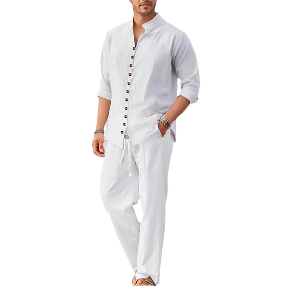 BTDECLAR Men 2 Piece Cotton Linen Set Outfits Casual Drawstring Long Pants Roll Up Sleeve Button Down Shirts Lightweight Summer Beach Sets