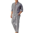 thumbnail image 1 of BTDECLAR Men 2 Piece Cotton Linen Set Outfits Casual Drawstring Long Pants Roll Up Sleeve Button Down Shirts Lightweight Summer Beach Sets, 1 of 8