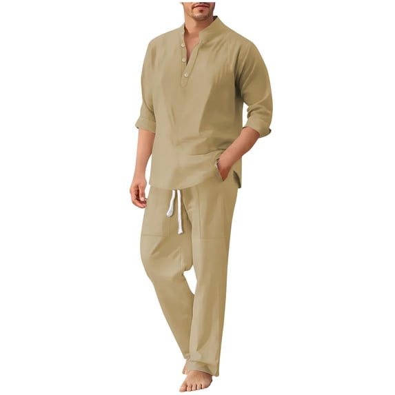 BTDECLAR Men 2 Piece Linen Set Outfits Casual Drawstring Long Pants Roll Up Sleeve Quarter Button Shirts Lightweight Summer Beach Sets with Pocket