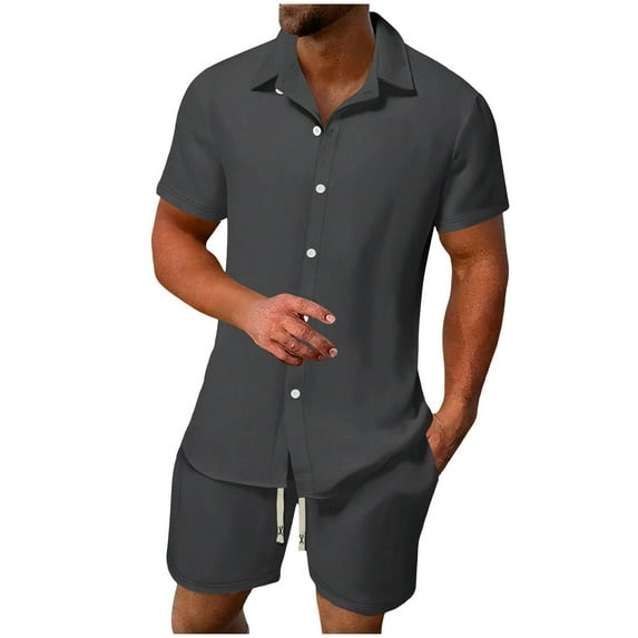 BTDECLAR Men's 2 Piece Outfit Short Sleeve Button Down Shirts and Drawstring Shorts Set Solid Color Casual Beach Vacation Shorts Sets
