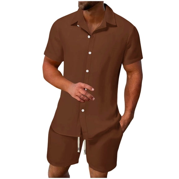 BTDECLAR Men's 2 Piece Outfit Short Sleeve Button Down Shirts and Drawstring Shorts Set Solid Color Casual Beach Vacation Shorts Sets