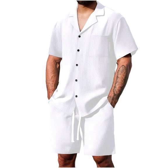 BTDECLAR Men's 2 Pieces Set Short Sleeve Button Down Shirts and Short Pants Solid Color Textured Casual Summer Beach Vacation Outfits