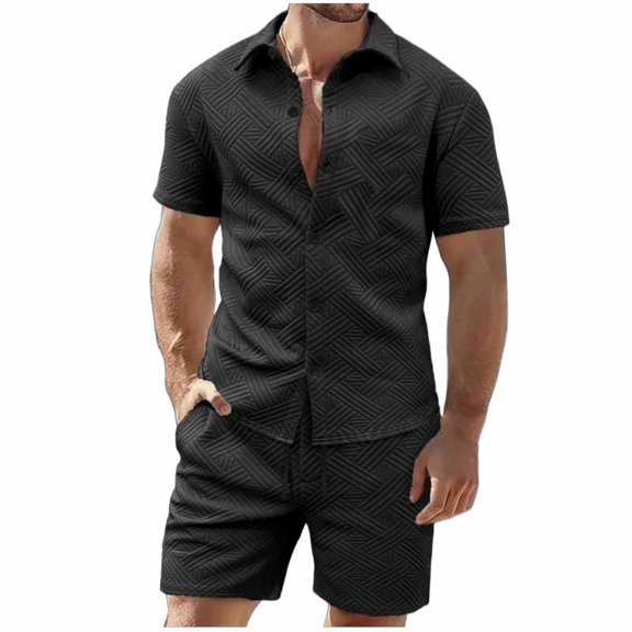 BTDECLAR Men's Shirt and Shorts Set Solid Color Textured Short Sleeve Casual Button Down 2 Piece Shorts Set Summer Sport Running Outfits