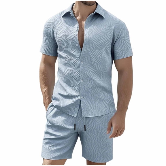 BTDECLAR Men's Shirt and Shorts Set Solid Color Textured Short Sleeve Casual Button Down 2 Piece Shorts Set Summer Sport Running Outfits