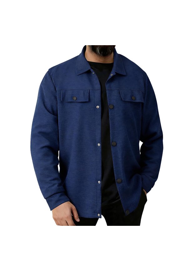 Mens Button Down Shirts Long Sleeve Solid Color Fashion Waffle Textured Shirt Jacket Fall Casual Lightweight Jacket