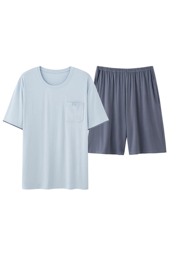 Mens Pajama Sets Sleepwear Pjs Summer Solid Color Soft Comfy Short Sleeve T Shirts and Shorts Set Lightweight Nightwear with Pocket