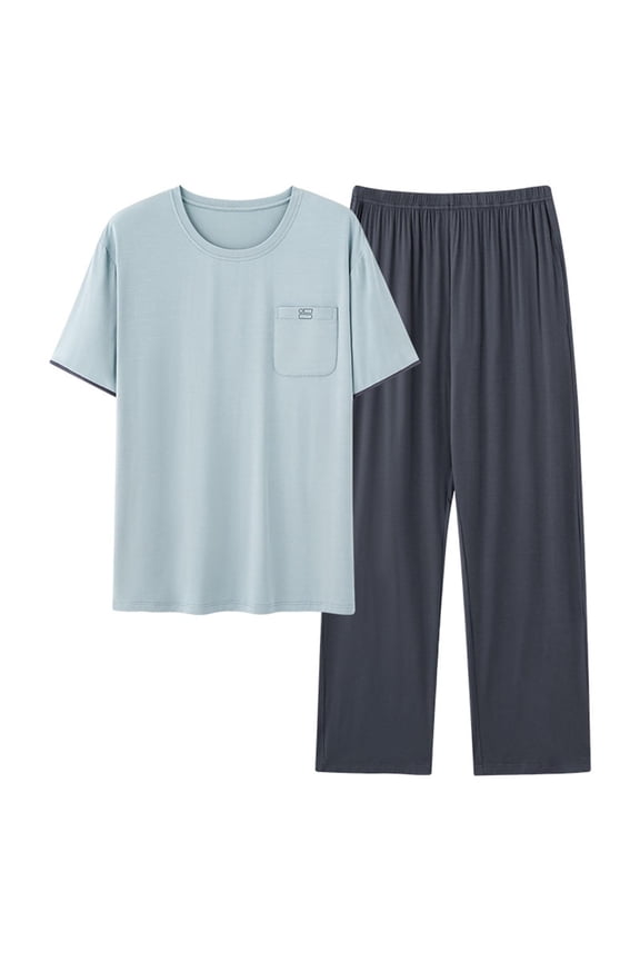 Mens Pajamas Set Solid Color Short Sleeve Tops and Long Pants Lightweight Loungewear Soft Comfy Sleepwear Pjs Sets with Pocket