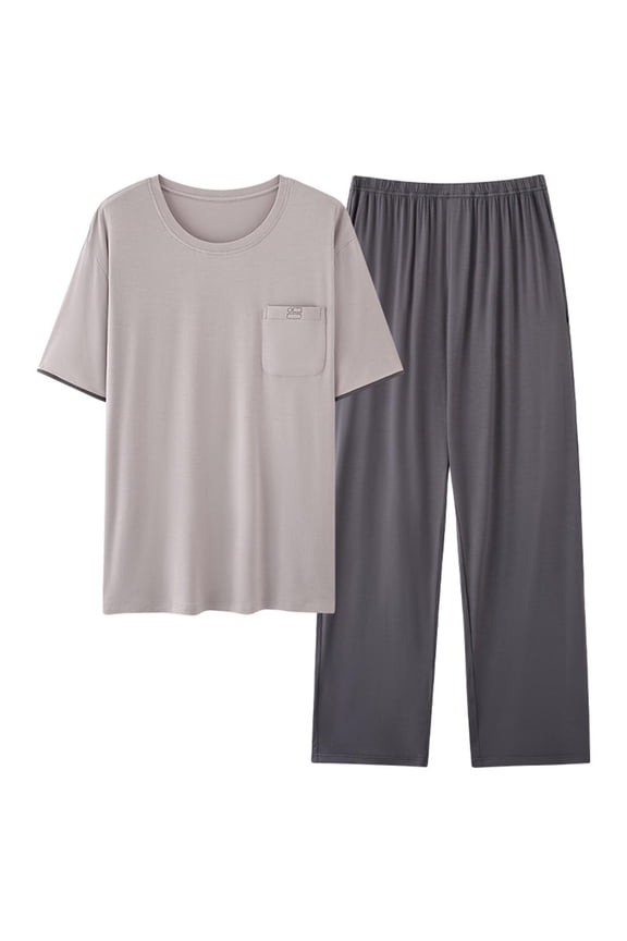 Mens Pajamas Set Solid Color Short Sleeve Tops and Long Pants Lightweight Loungewear Soft Comfy Sleepwear Pjs Sets with Pocket