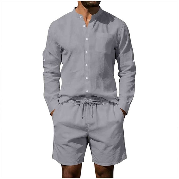 BTDECLAR Mens Short Sets 2 Piece Outfits Fashion Long Sleeve Button Down Shirts and Shorts Summer Beach Vacation Tops with Pockets