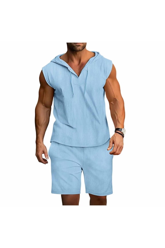 Mens Short Sleeve Summer Tracksuit Solid Color Sleeveless Drawstring Hoodies and Shorts Casual Athletic Jogging Sport Shorts Set