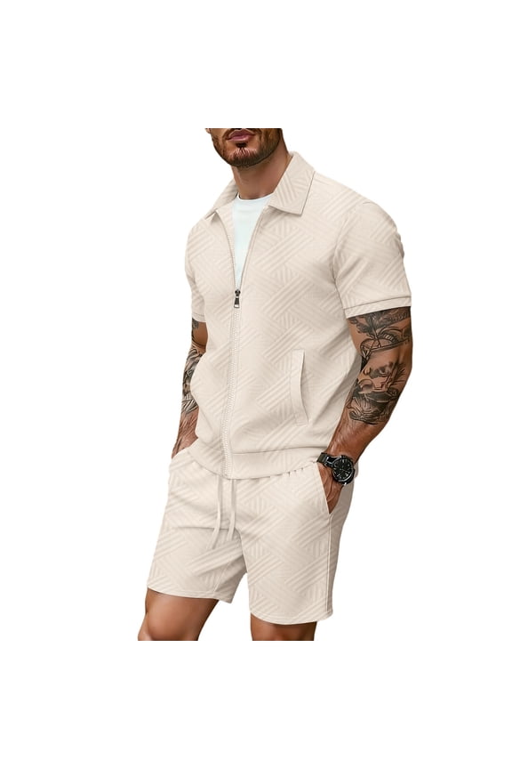 Mens Summer Athletic Outfits 2 Piece Short Sleeve Full Zipper Textured Jackets and Shorts Sets Vacation Beach Tracksuit with Pockets