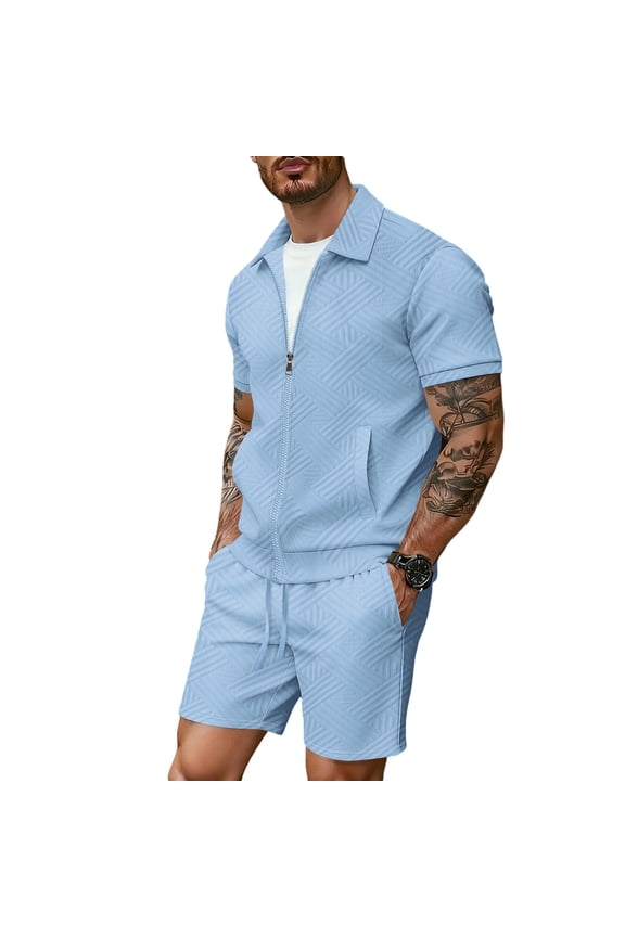 Mens Summer Athletic Outfits 2 Piece Short Sleeve Full Zipper Textured Jackets and Shorts Sets Vacation Beach Tracksuit with Pockets