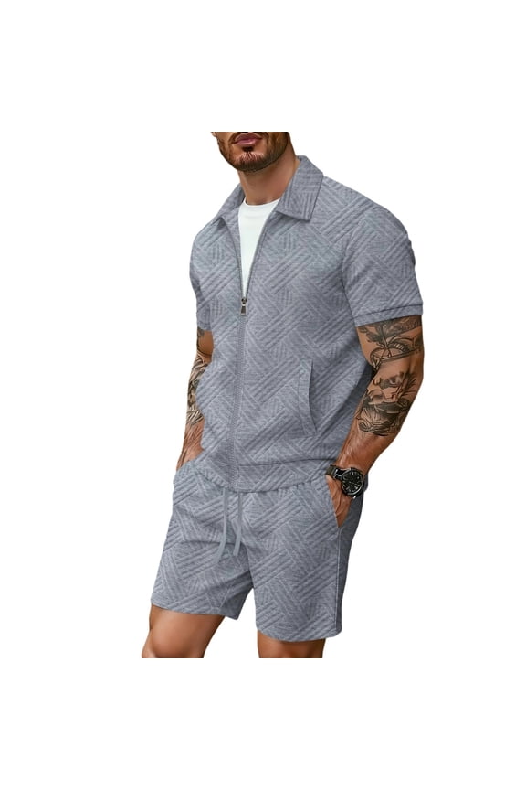 Mens Summer Athletic Outfits 2 Piece Short Sleeve Full Zipper Textured Jackets and Shorts Sets Vacation Beach Tracksuit with Pockets