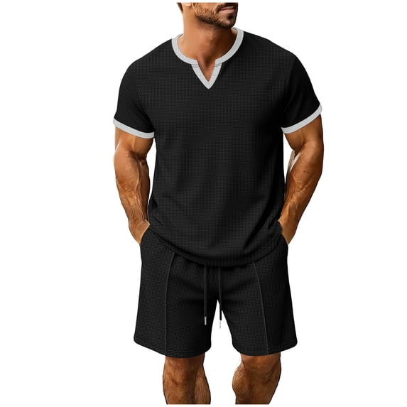 BTDECLAR Mens Waffle Short Sets 2 Piece Outfits Casual Summer T Shirts and Shorts Fashion V Neck Athletic Jogging Tracksuit Sets