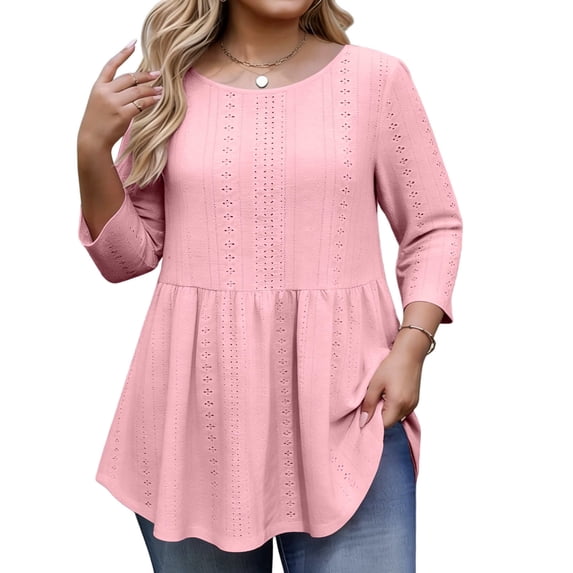 BTDECLAR Plus Size Womens 3/4 Sleeve Summer Tops Trendy Hollow Out Print T Shirts Cute Curved Hem Tunics Casual Blouse Tees