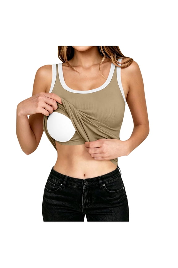 Women Built-in Bra Tank Tops Crewneck Casual Stretchy Sleeveless Shirts Racerback Ribbed Fitted Tank Tops
