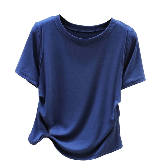 BTDECLAR Womens Crewneck Short Sleeve Shirts Solid Color Soft Comfort Side Ruched Summer T Shirts Trendy Going Out Crop Tops