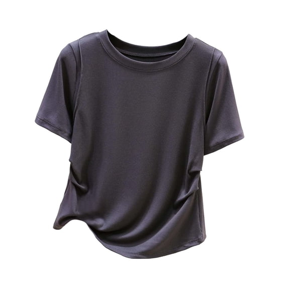 BTDECLAR Womens Crewneck Short Sleeve Shirts Solid Color Soft Comfort Side Ruched Summer T Shirts Trendy Going Out Crop Tops