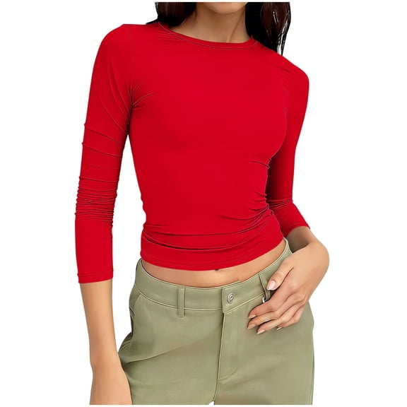 BTDECLAR Womens Long Sleeve Crop Tops Crewneck Solid Color Basic T Shirts Slim Fitted Spring Fashion Outfits Going Out Clothes